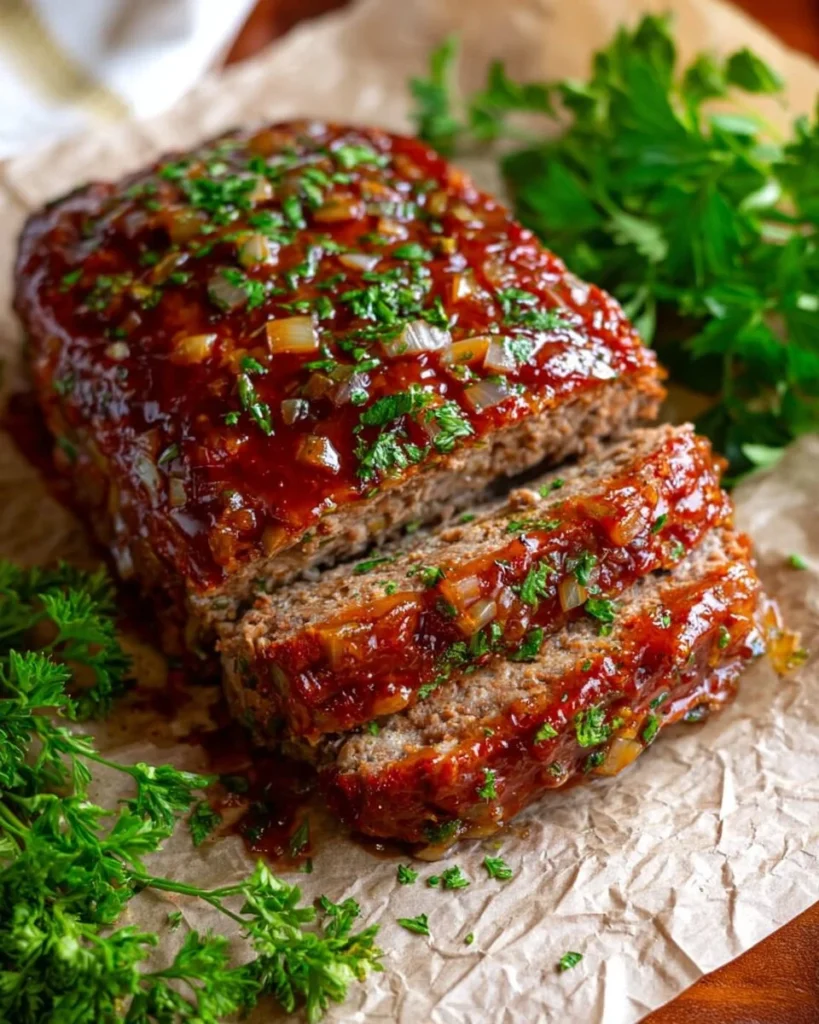 Classic glazed meatloaf freshly baked and served on a wooden cutting board.