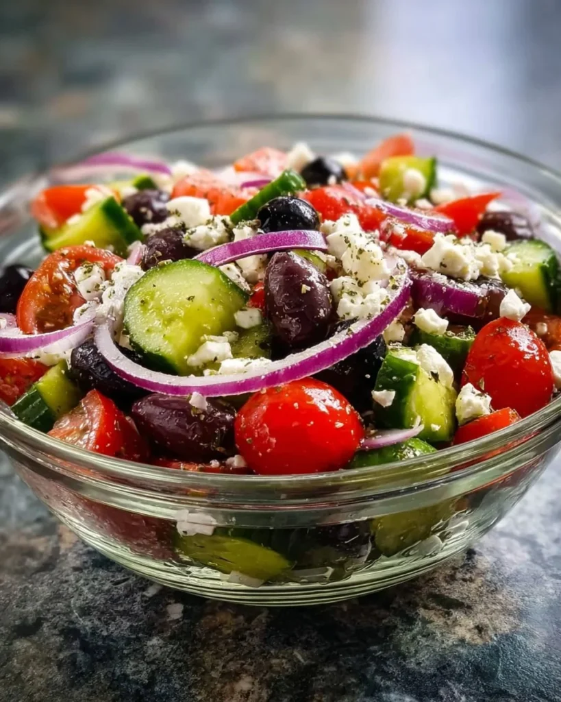 Classic Greek Salad with fresh vegetables, olives, and feta cheese.