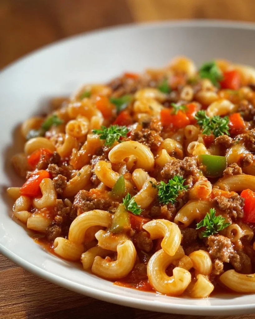 A delicious serving of classic one-pot American goulash in a bowl.