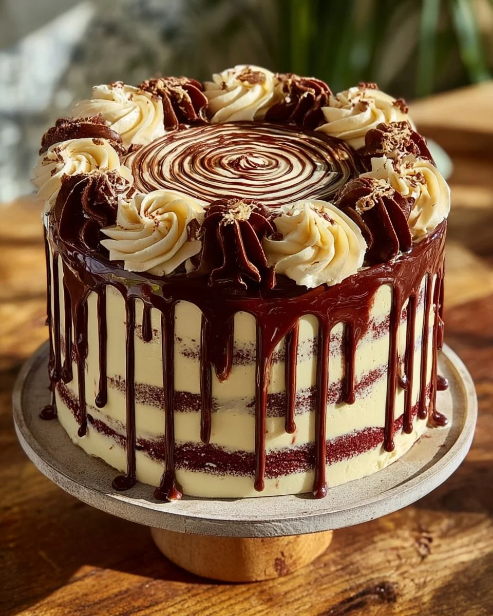 Slice of classic Red Velvet Cake on a white plate with cream cheese frosting