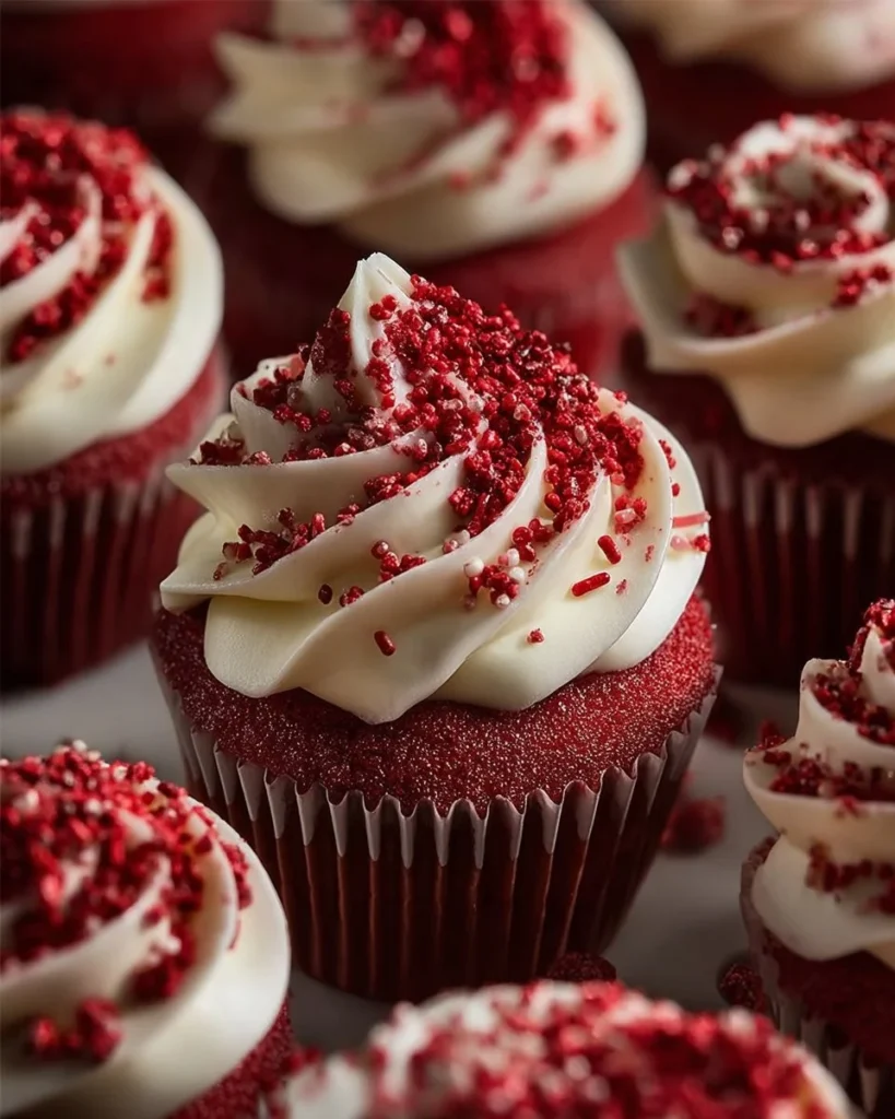 Delicious classic red velvet cupcakes topped with cream cheese frosting