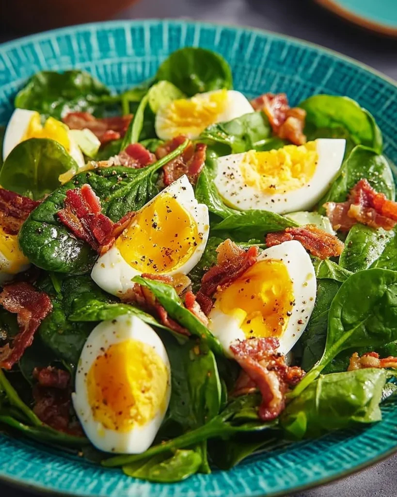 Classic spinach salad topped with crispy bacon and hard-boiled eggs