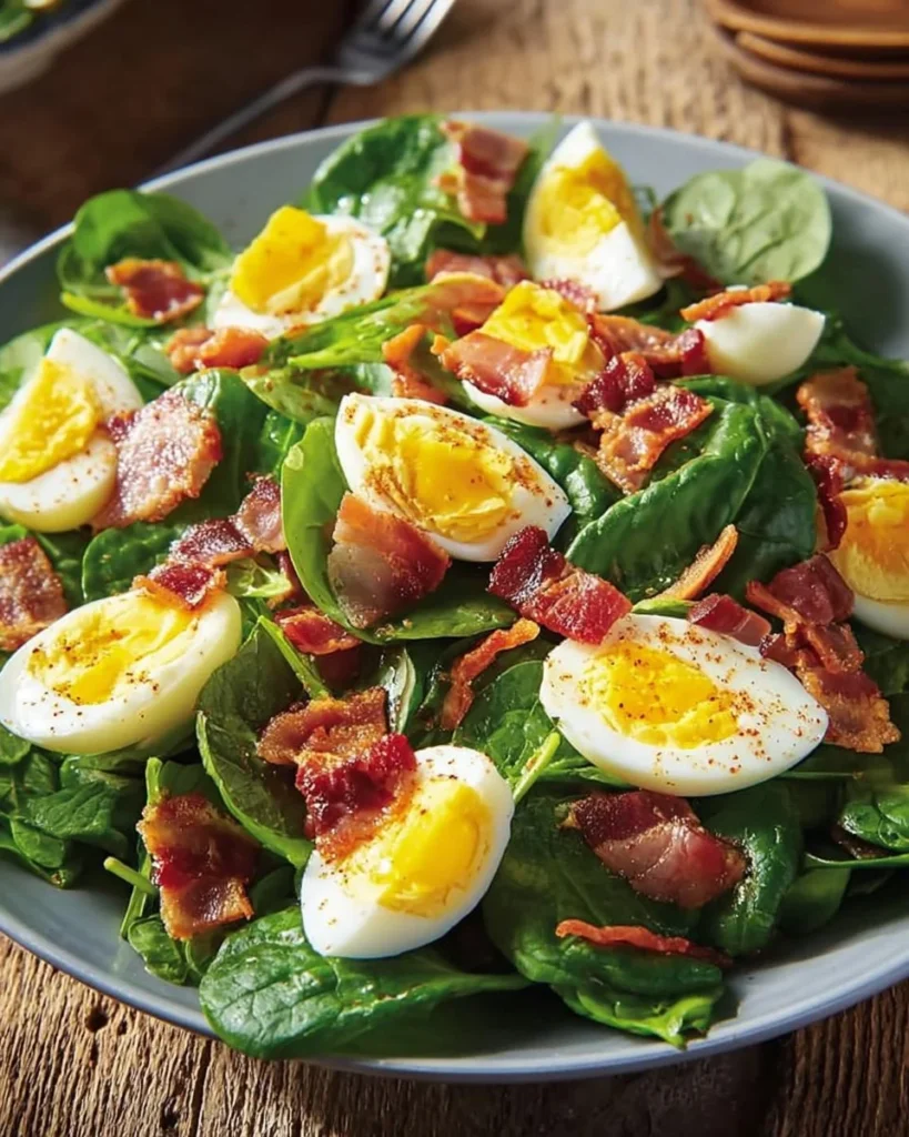 Classic spinach salad topped with bacon and eggs, a healthy meal option.