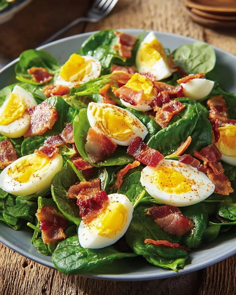 Classic spinach salad topped with bacon and eggs, a healthy meal option.