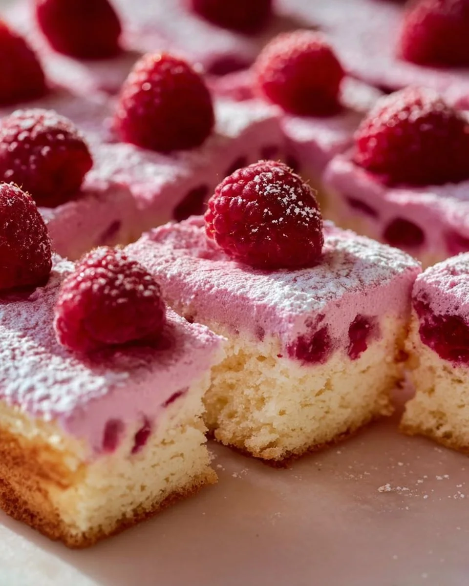 Moist Coconut Raspberry Cake with fresh raspberries and coconut flakes.