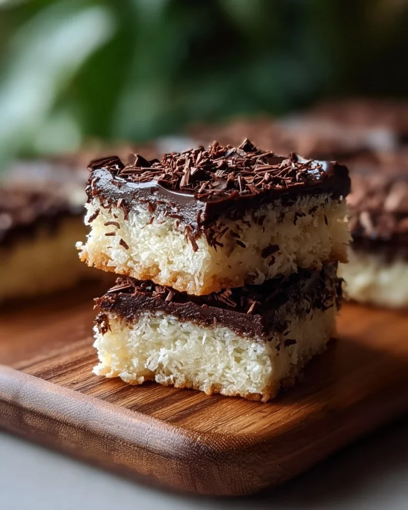 Coconut Bounty Cookie Bars topped with chocolate and shredded coconut
