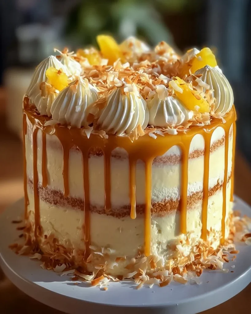 Slice of Coconut Cream Cake with Pineapple Jam Filling on a plate