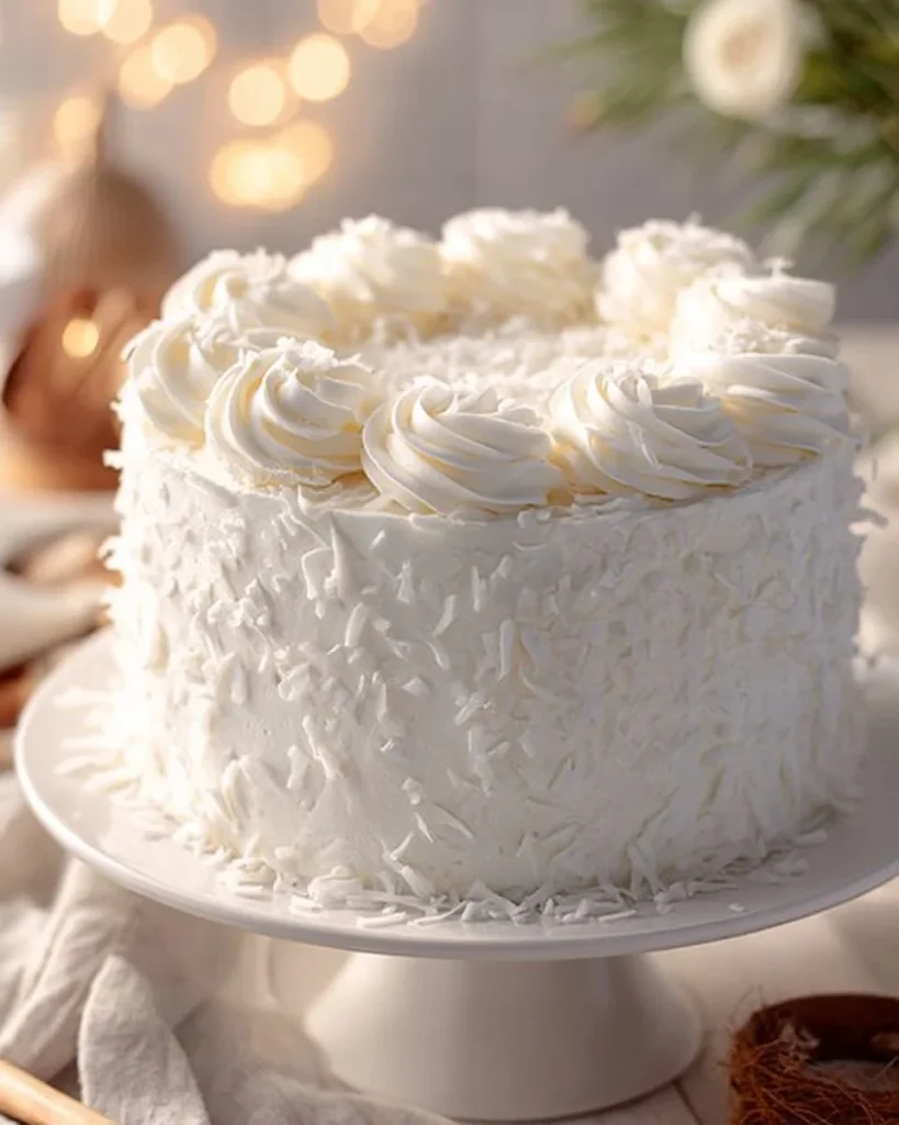 Delicious Coconut Cream Cake topped with coconut flakes and creamy frosting