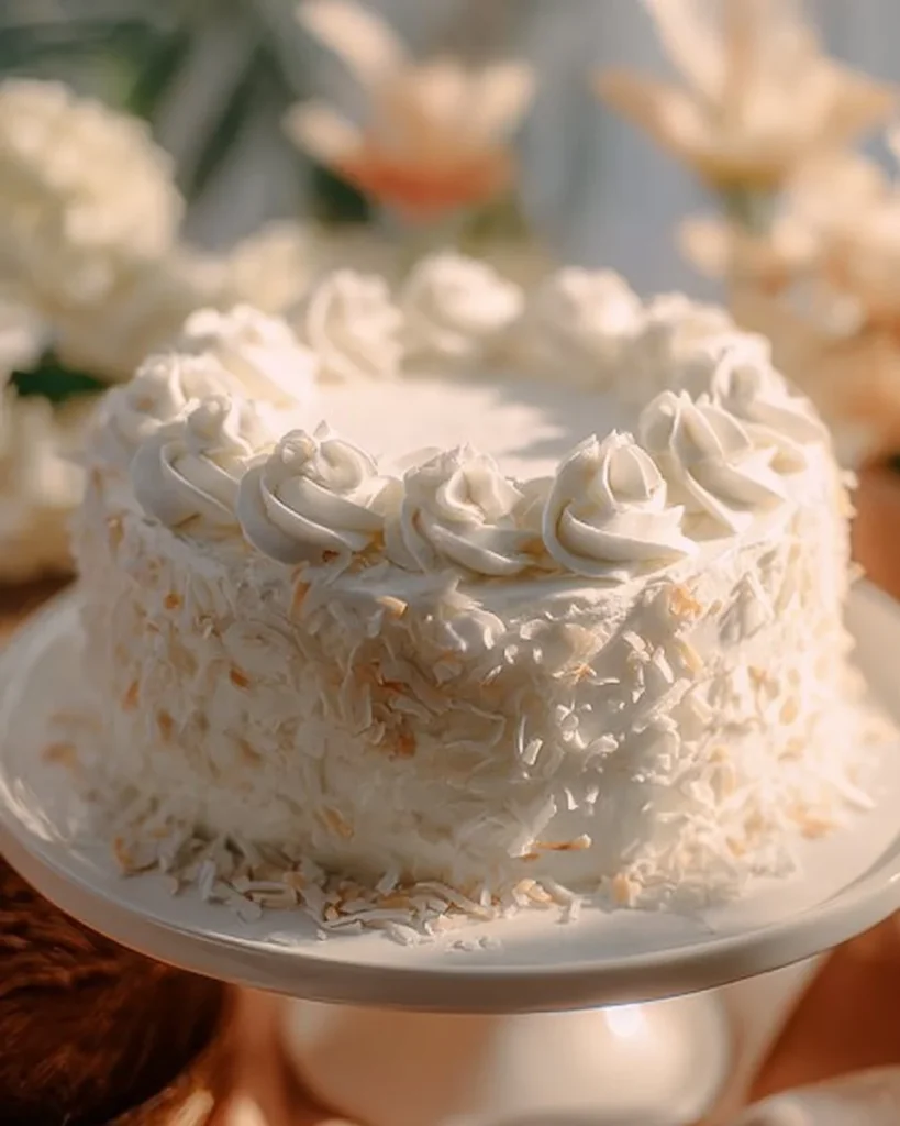 Delicious Coconut Cream Cake with creamy frosting and coconut shavings