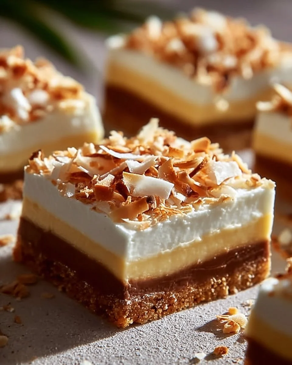 Delicious Coconut Cream Pie Bars with creamy coconut filling and whipped topping