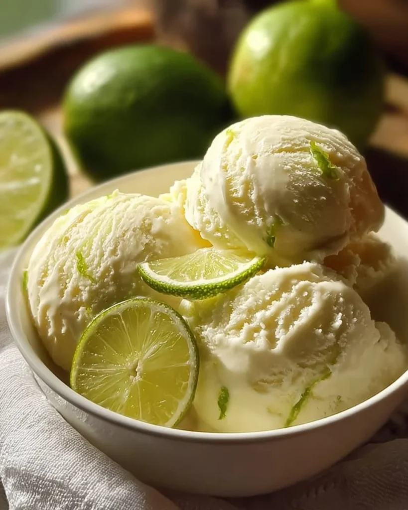 Homemade Coconut Lime Ice Cream served in a bowl with lime slices.
