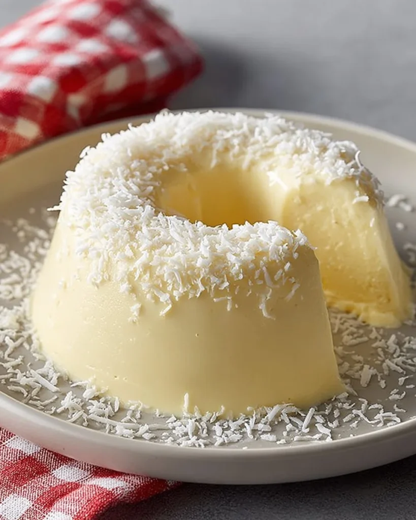 Delicious coconut pudding served in a bowl with coconut flakes on top