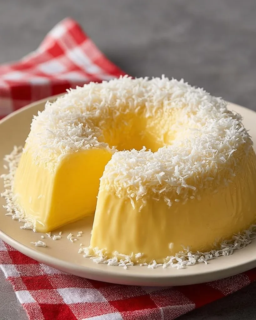Delicious Coconut Pudim dessert topped with coconut flakes
