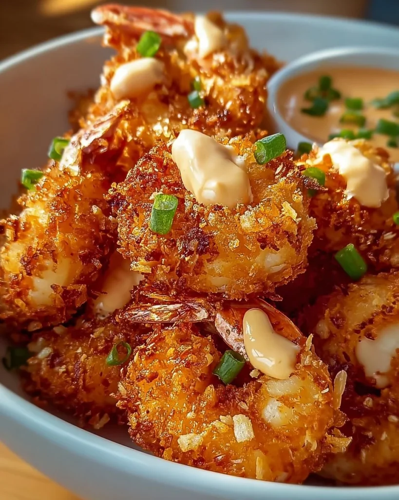 Plate of crispy coconut shrimp with sweet chili mayo dipping sauce