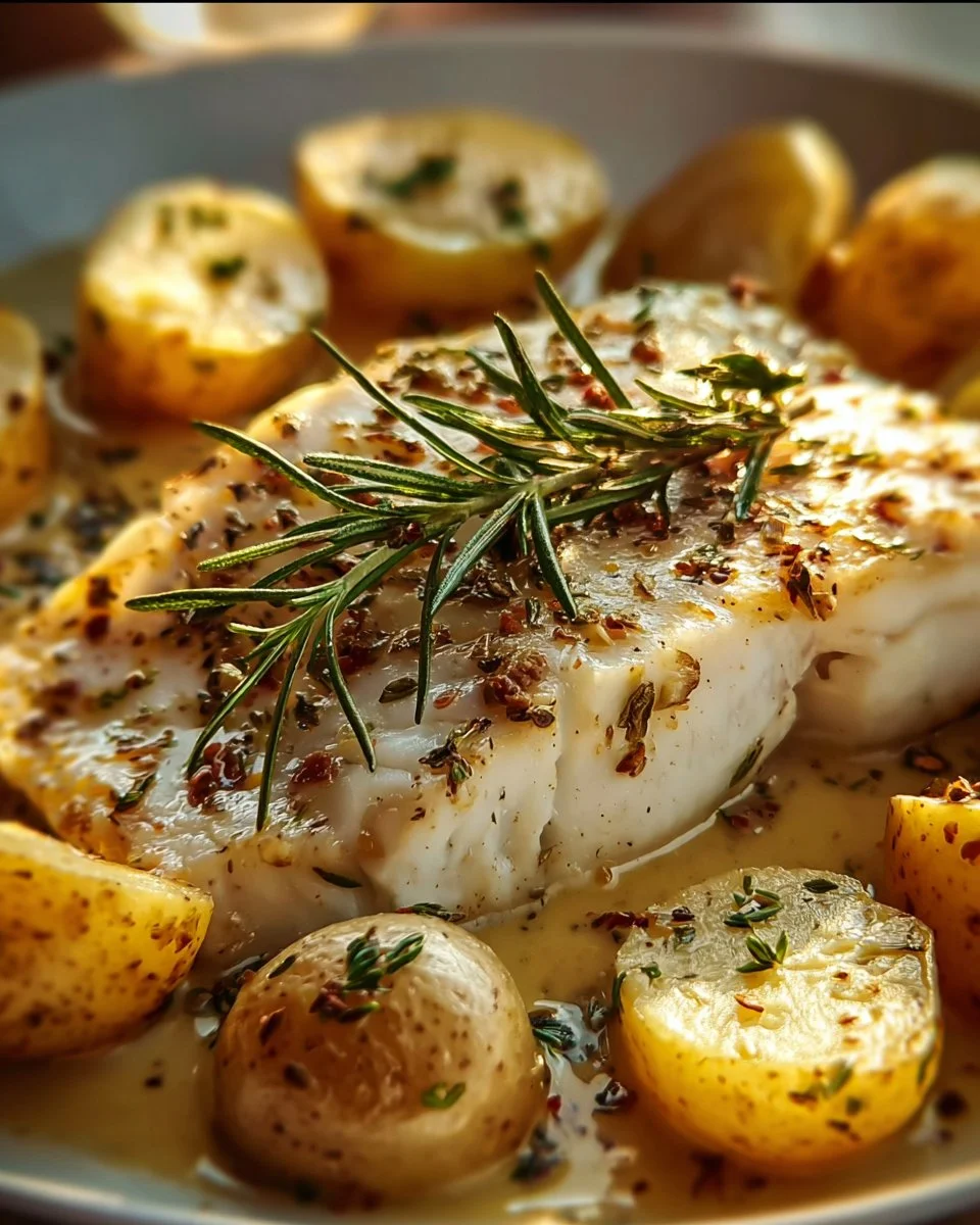 Plate of Cod and Potatoes in Rosemary Cream Sauce garnished with herbs.
