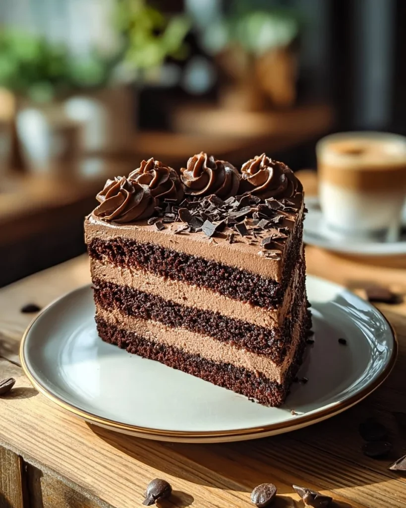 Delicious slice of Coffee and Chocolate Sponge Cake topped with frosting