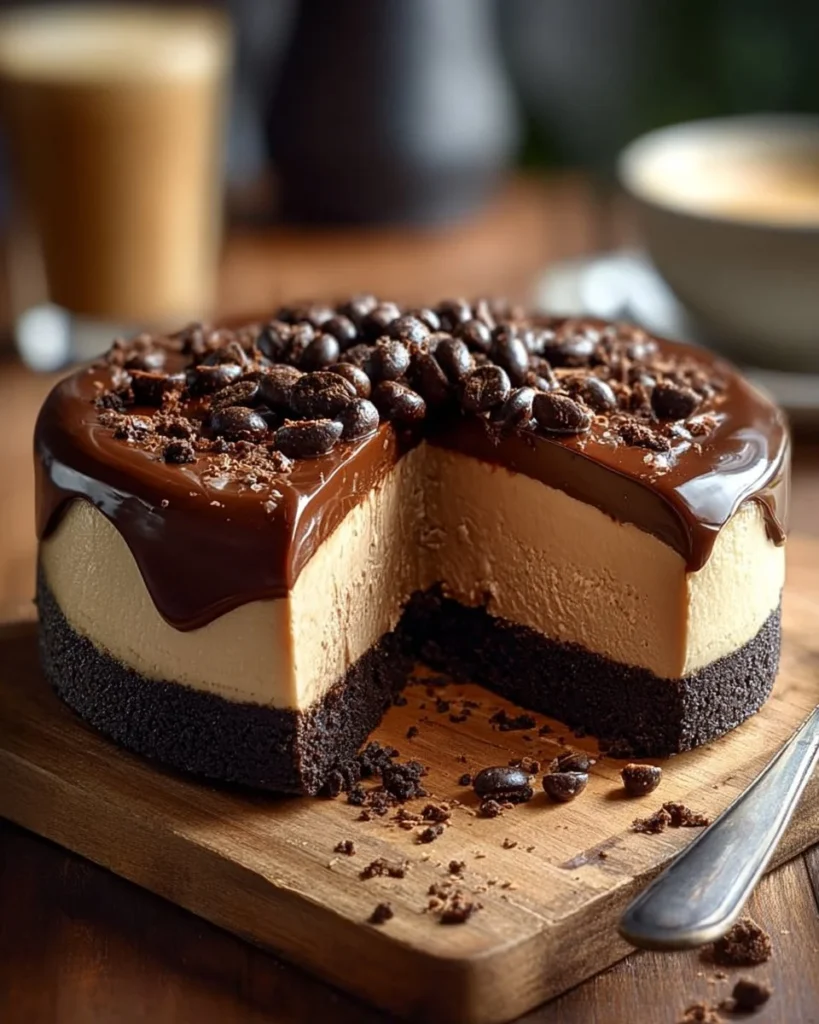 Deliciously layered Coffee Brownie Cheesecake with rich brownie and creamy topping