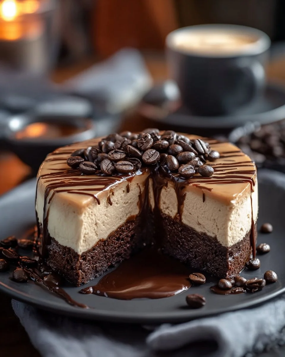 Delicious slice of Coffee Brownie Cheesecake topped with chocolate drizzle