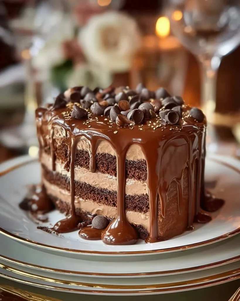 Delicious coffee cake topped with caramel and chocolate drizzle