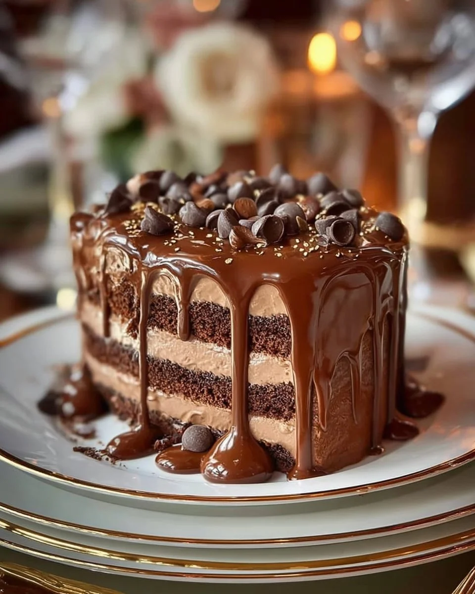 Delicious coffee cake topped with caramel and chocolate drizzle