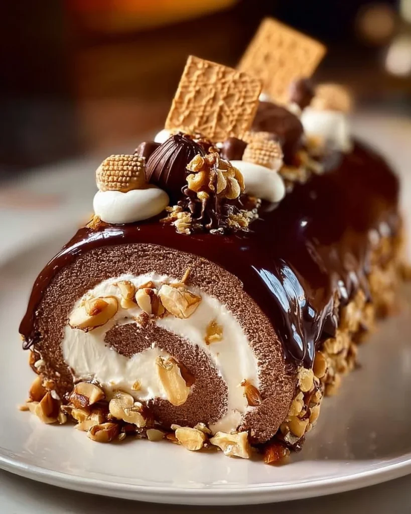 Delicious Coffee-Hazelnut Crunch Yule Log dessert topped with hazelnuts.