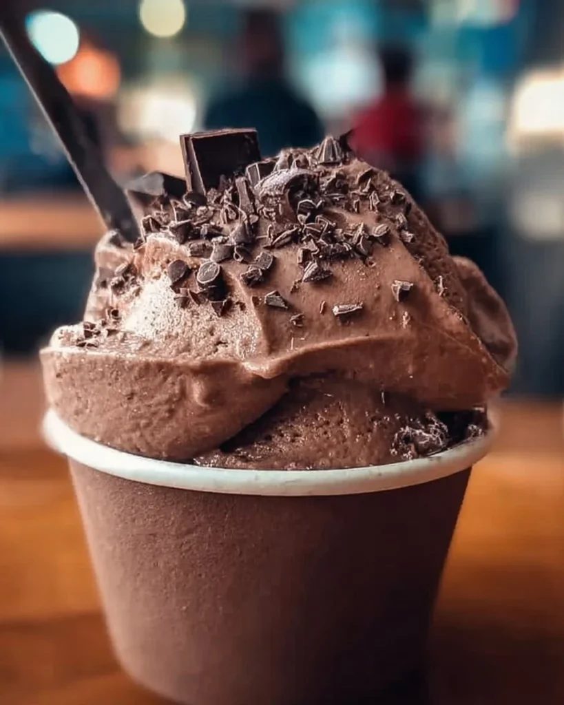 Coffee ice cream with dark chocolate flecks in a bowl