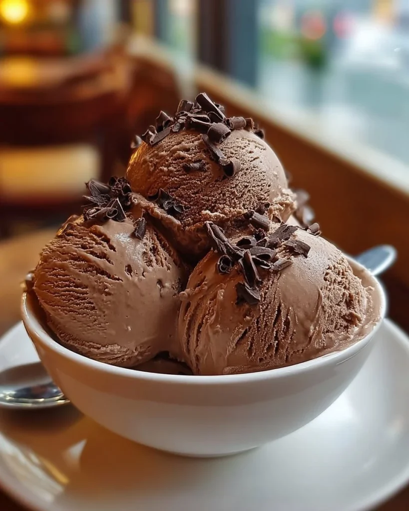 Creamy coffee ice cream with dark chocolate flecks in a bowl
