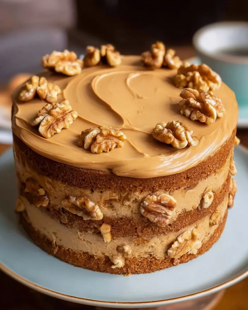 Delicious homemade Coffee & Walnut Cake with coffee frosting and walnut topping.