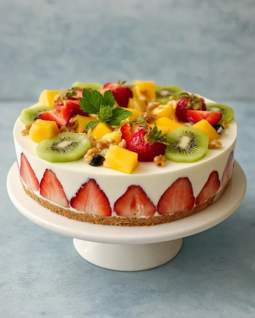 Cold Fruit Cheesecake topped with fresh fruits on a white plate