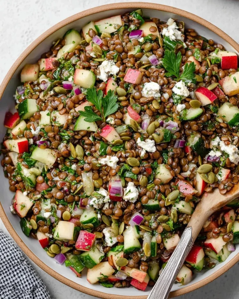 Cold lentil salad with sun-dried tomatoes and arugula in a bowl
