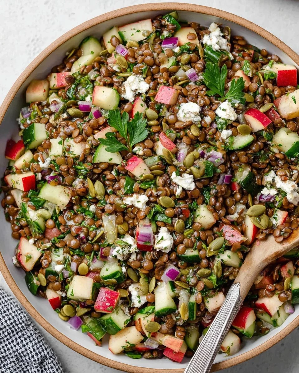 Cold lentil salad with sun-dried tomatoes and arugula in a bowl