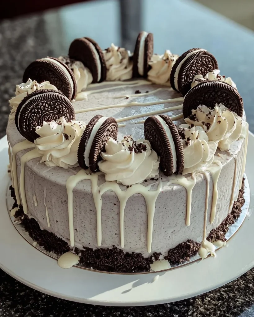 Delicious Cold Oreo Cake topped with crushed Oreos and cream