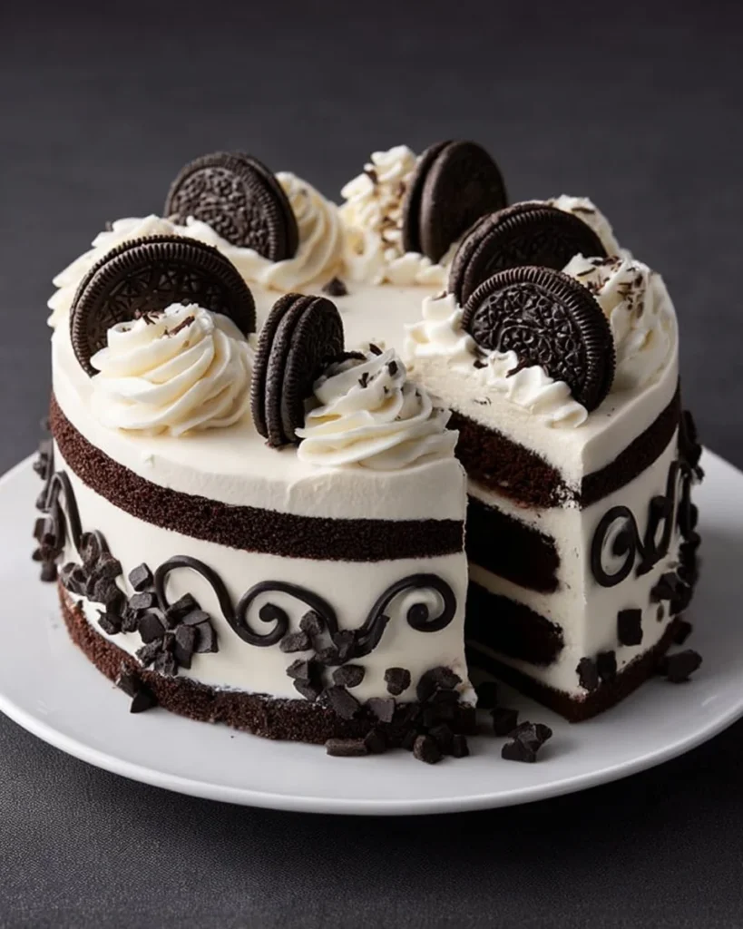 Cold Oreo Cake with layers of cream and crushed Oreos on a plate