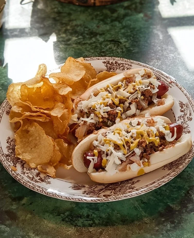 A plate of delicious Coney Dogs topped with chili and onions.