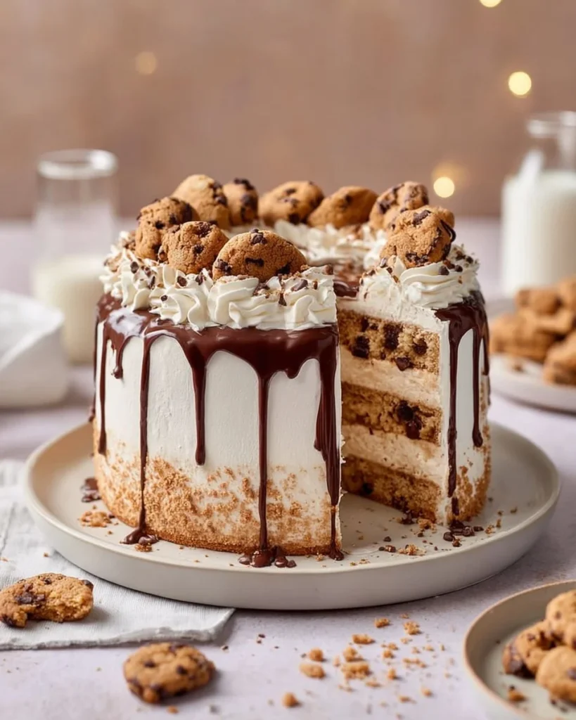 Delicious homemade Cookie Cake topped with chocolate chips and frosting
