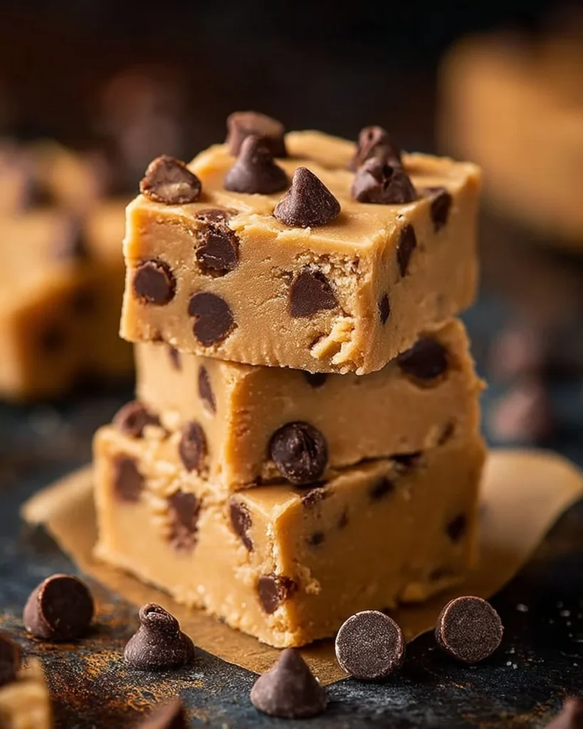 Delicious homemade cookie dough bars topped with chocolate chips