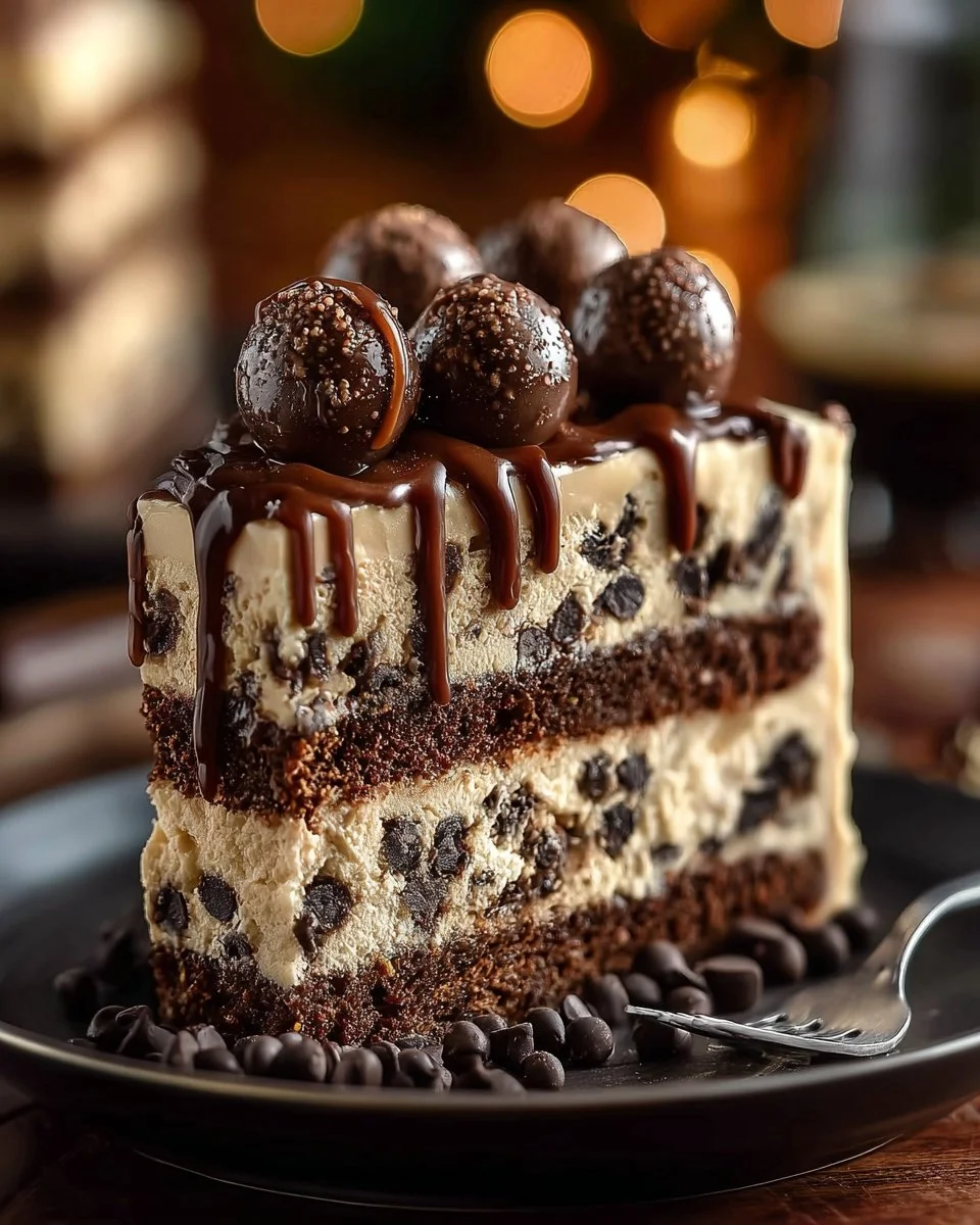 Delicious Cookie Dough Brownie Cake with layers of brownie and cookie dough