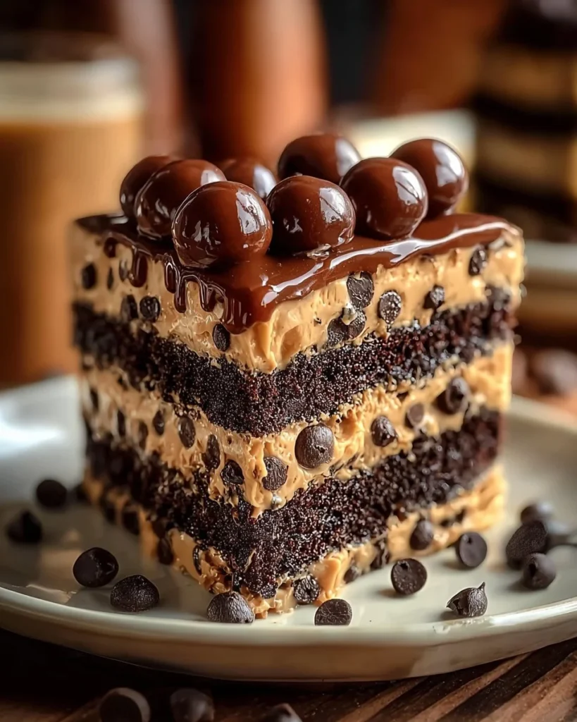 Slice of Cookie Dough Brownie Cake topped with cookie dough bites