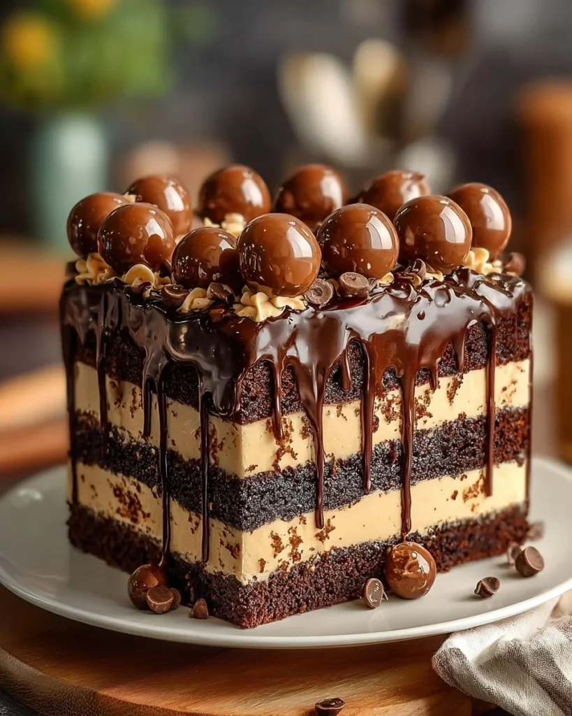 Irresistible Cookie Dough Brownie Cake topped with chocolate and cookie dough