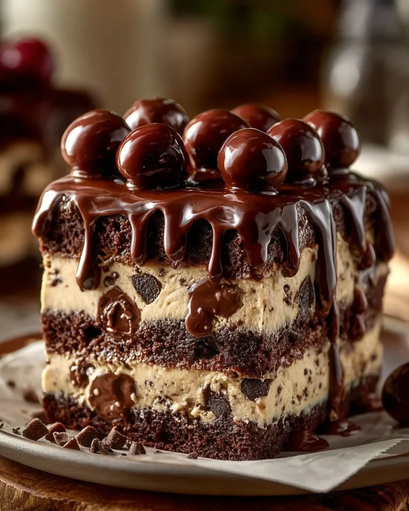 Delicious Cookie Dough Brownie Cake topped with cookie dough pieces