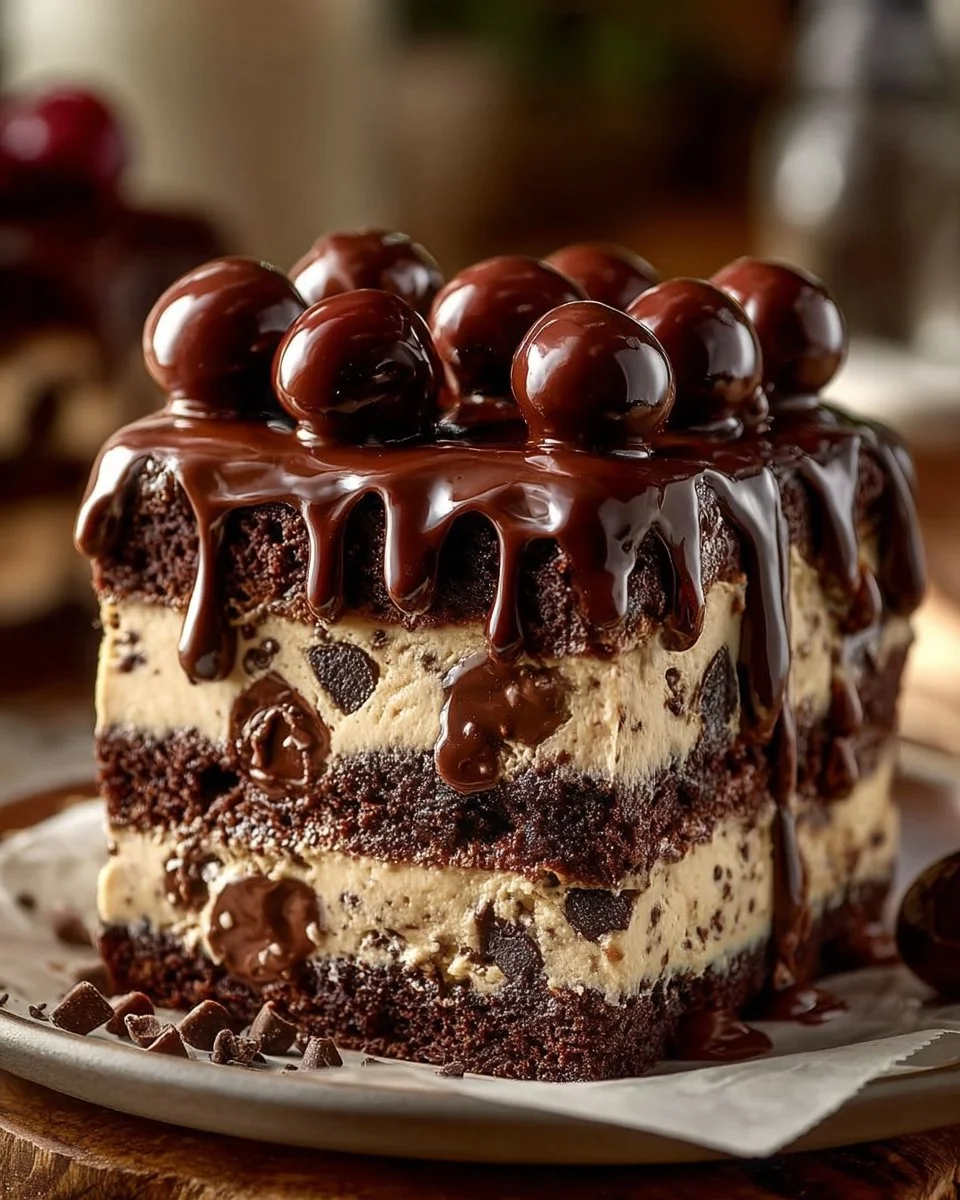 Delicious Cookie Dough Brownie Cake topped with cookie dough pieces