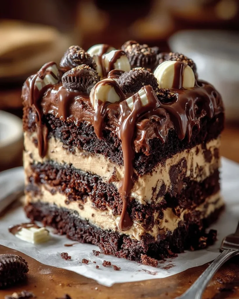 Delicious cookie dough brownie cake with layers of brownie and cookie dough