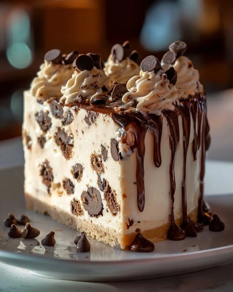 Delicious slice of cookie dough ice cream cake topped with chocolate chips