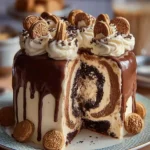 A delicious cookie dough ice cream cake roll topped with chocolate chips.