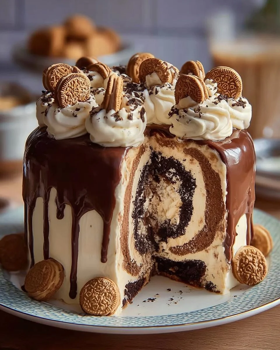 A delicious cookie dough ice cream cake roll topped with chocolate chips.