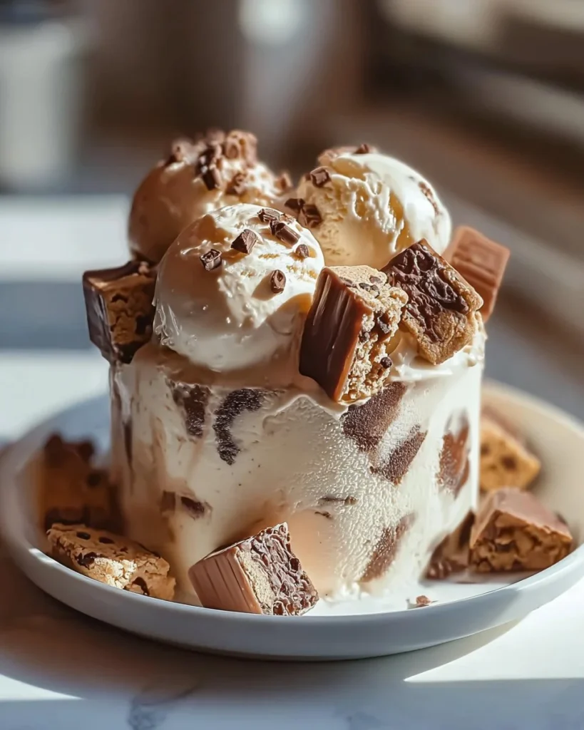 Delicious cookie dough ice cream with Snickers and Reese's toppings