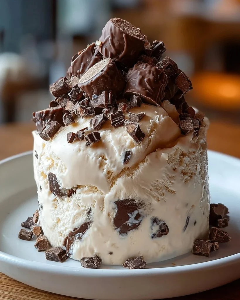 Delicious cookie dough ice cream with Snickers and Reese’s toppings