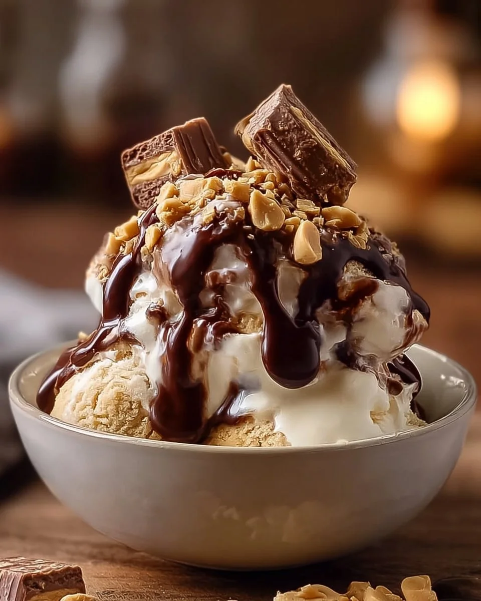 Delicious Cookie Dough Snickers and Reese's Ice Cream in a bowl