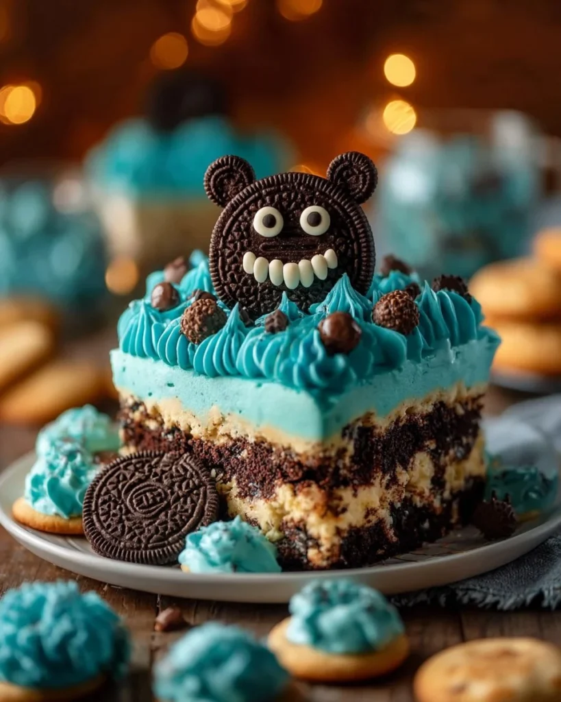 Delicious Cookie Monster Cheesecake topped with cookie crumbs and bright blue frosting