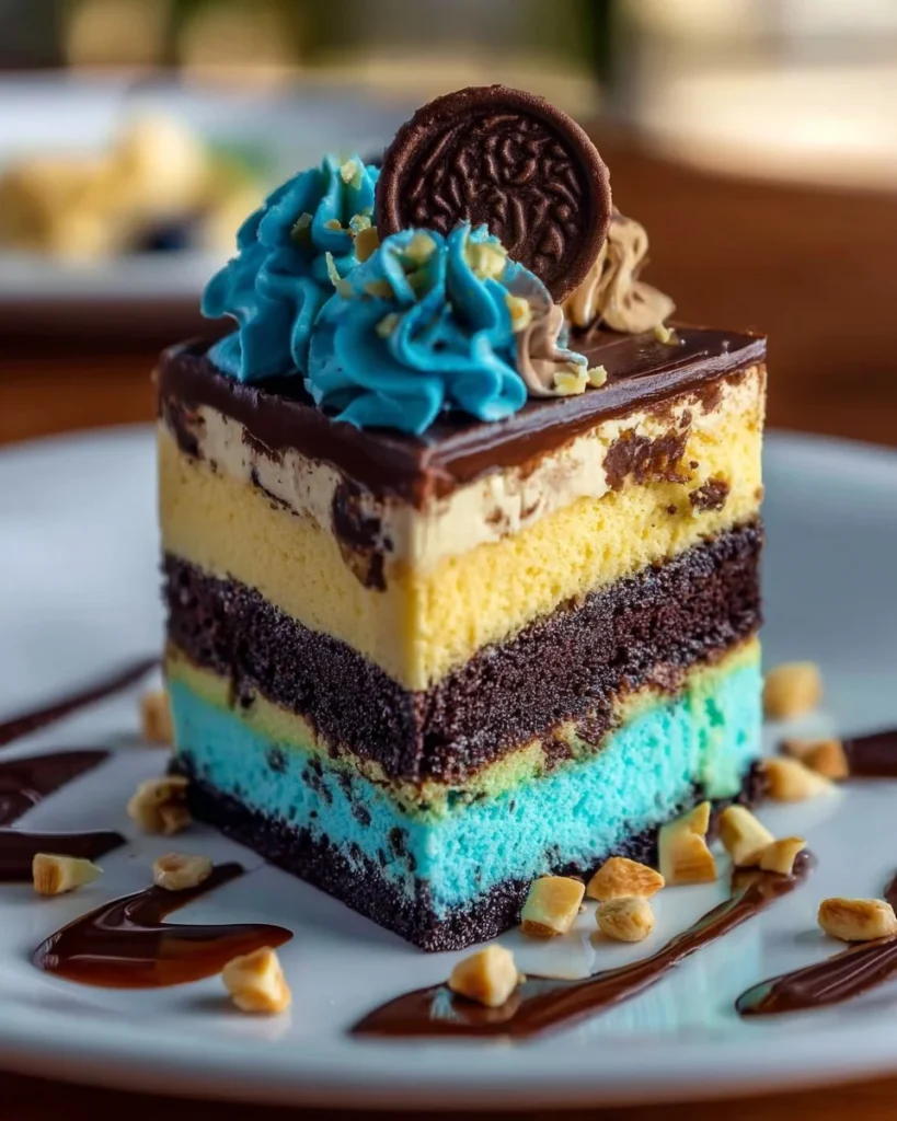 Delicious Cookie Monster Cheesecake topped with cookie dough and blue frosting.